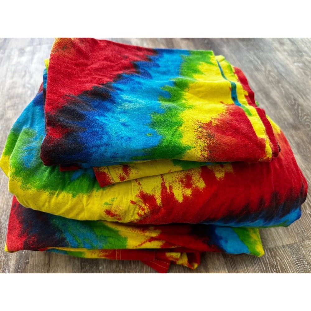 Vintage Y2K Hanes Groovy Tie Dye Full Sheet Set Jersey Knit Cotton Rainbow
